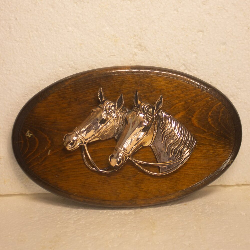 Copper Colored Plastic 3D Horse Head on Wood Wall Hanging